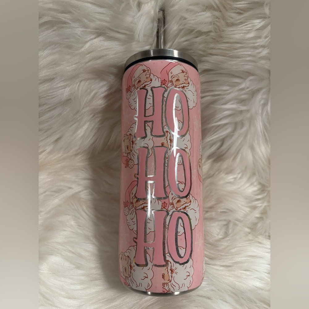 Pink Santa Ho Ho Ho Tumbler with Stainless Steel Straw Handmade